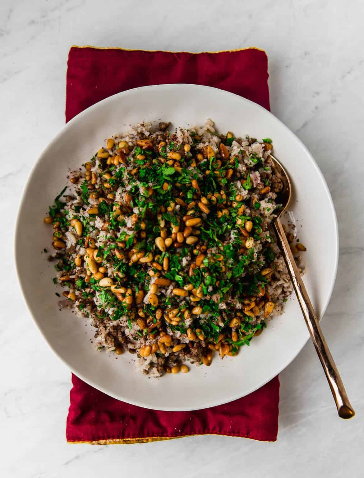 Lebanese spiced rice with meat and pine nuts.