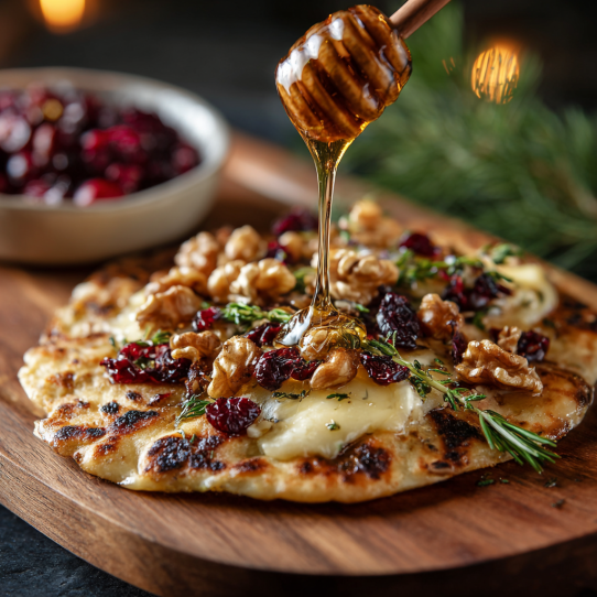Crispy Flatbread with Brie, Cranberries & Toasted Walnuts (and that Hot Honey Drizzle)