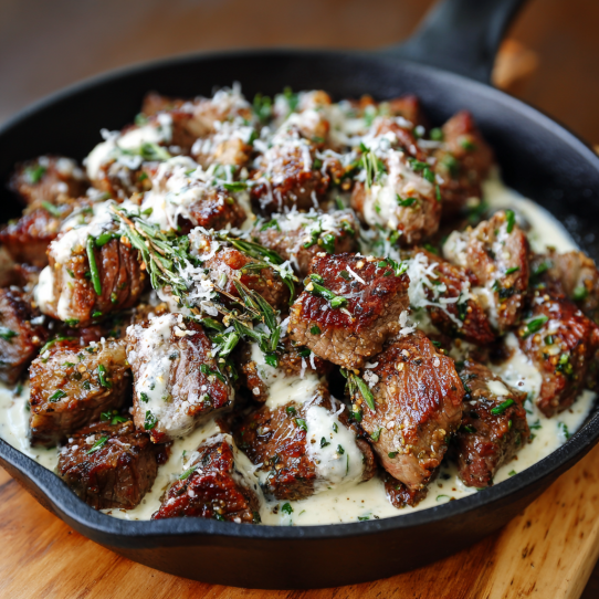 Garlic Butter Steak Bites with Parmesan Cream Sauce
