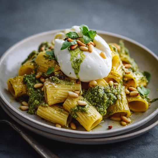 Lemon Pesto Rigatoni with Burrata & Roasted Pine Nuts