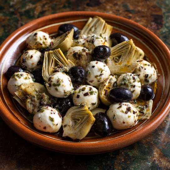 Marinated Mozzarella Balls, Artichokes, and Olives