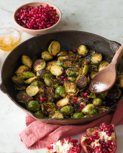 Cast Iron Brussels Sprouts with Pomegranate and Garlic
