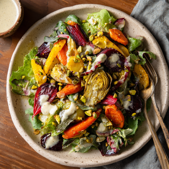 Roasted Veggie & Pistachio Salad with Tahini Maple Drizzle
