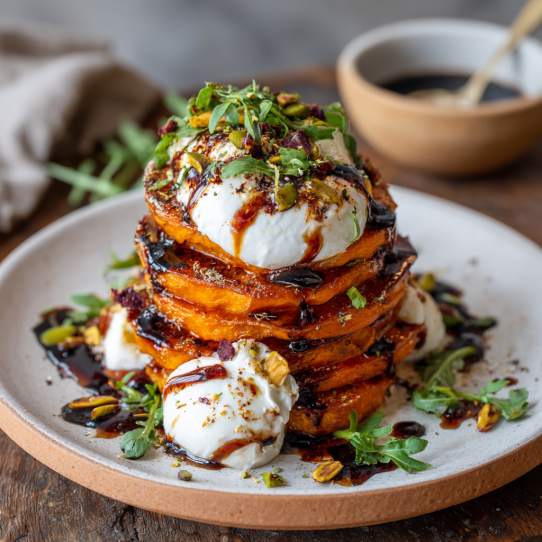 Sweet Potato Stacks Deluxe with Burrata & Maple-Balsamic Glaze