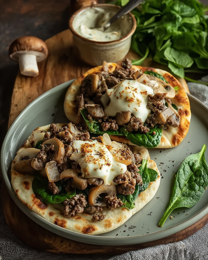 Cheesy Beef and Mushroom Pita Pockets