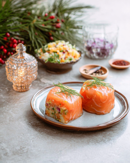 Smoked Salmon Cakes and Russian Salad