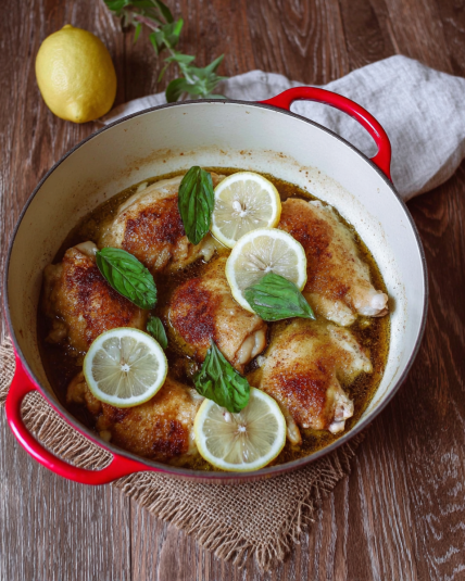 Dutch Oven Chicken Thighs with Lemon and Sage Butter Sauce