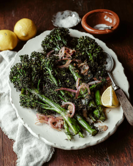Charred Broccolini Roasted with Lemon, Parmesan, Garlic