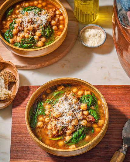 Garlic Chickpea Spinach Soup with Lemon and Pecorino